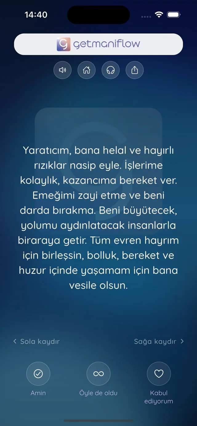 Gece mavisi arka plan üzerinde bereket duası ve Âmin, Öyle de oldu, Kabul ediyorum düğmeleri