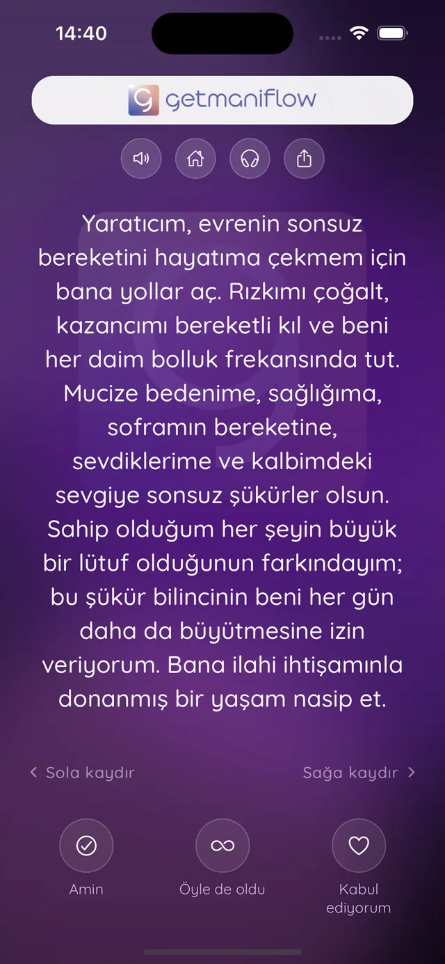 Mor arka plan üzerinde şükür manifesti metni