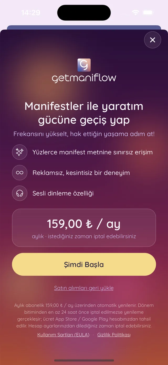 Manifestler aboneliği ekranı: sınırsız erişim, reklamsız deneyim ve sesli dinleme
