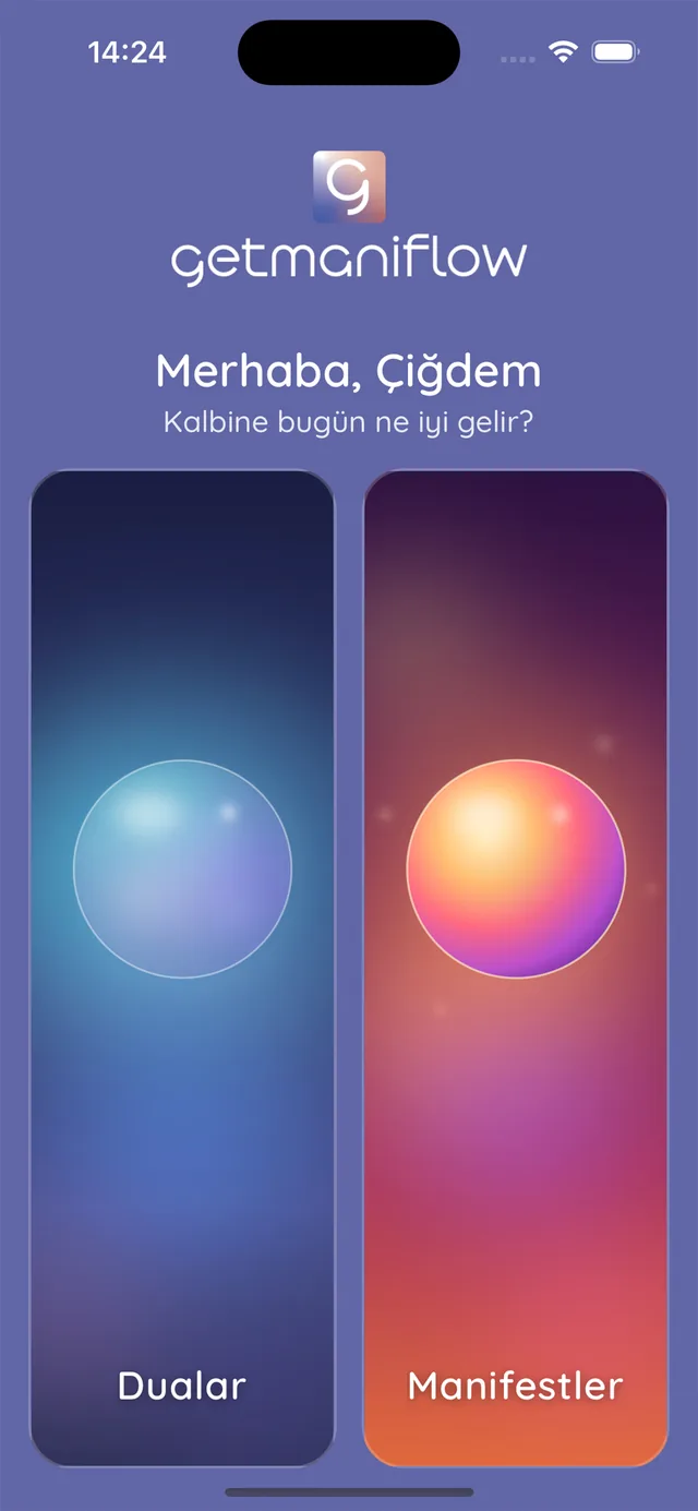 Dualar ve Manifestler seçim ekranı, iki ışıklı küre